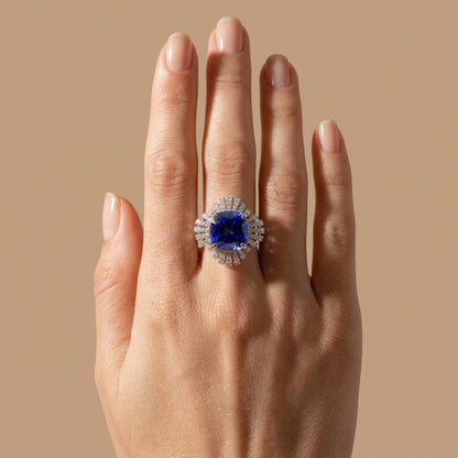 14K 7.03ct Cushion Blue Wing Tanzanite 1.77cttw White Diamonds Ring