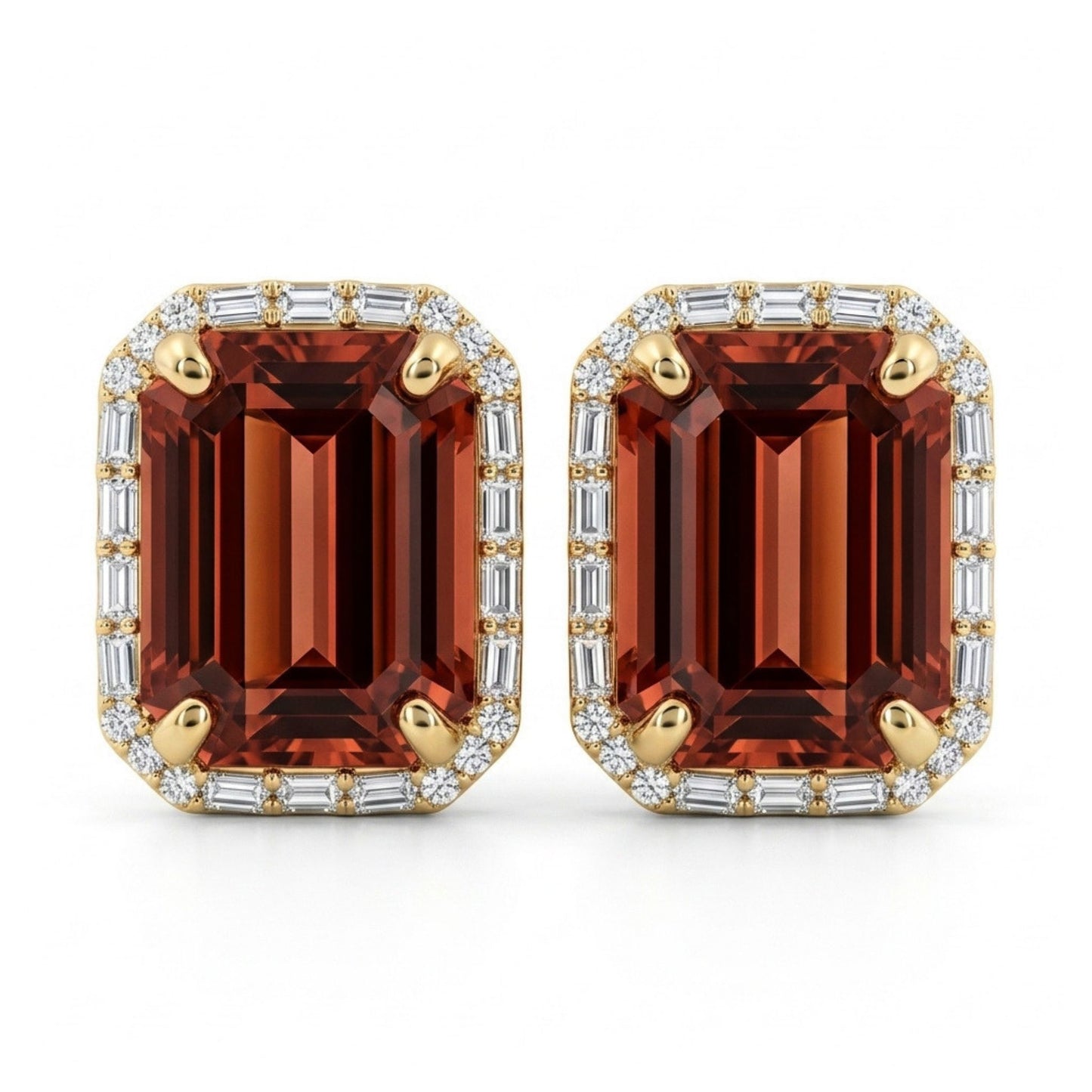 18K 6.02cttw Emerald Cut Malaya Garnet 0.21cttw White Diamonds Stud Earrings