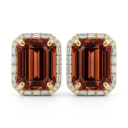 18K 6.02cttw Emerald Cut Malaya Garnet 0.21cttw White Diamonds Stud Earrings