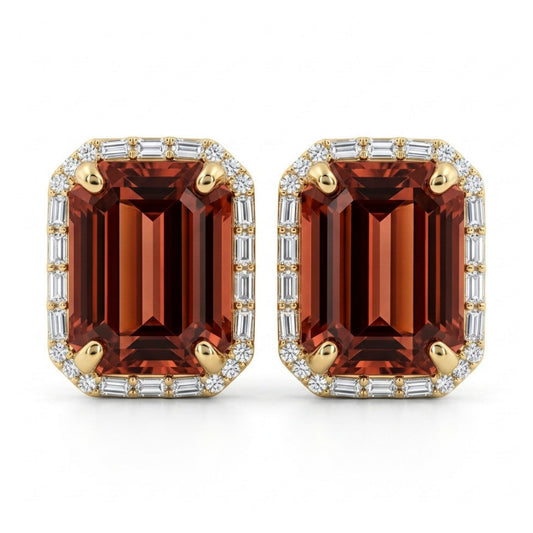 18K 6.02cttw Emerald Cut Malaya Garnet 0.21cttw White Diamonds Stud Earrings