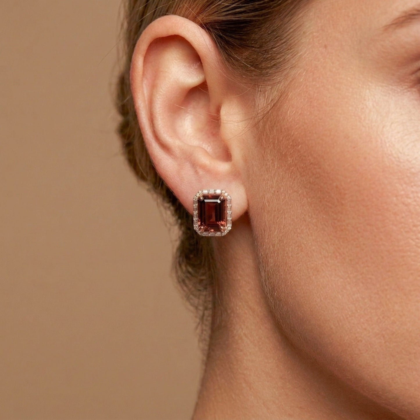 18K 6.02cttw Emerald Cut Malaya Garnet 0.21cttw White Diamonds Stud Earrings