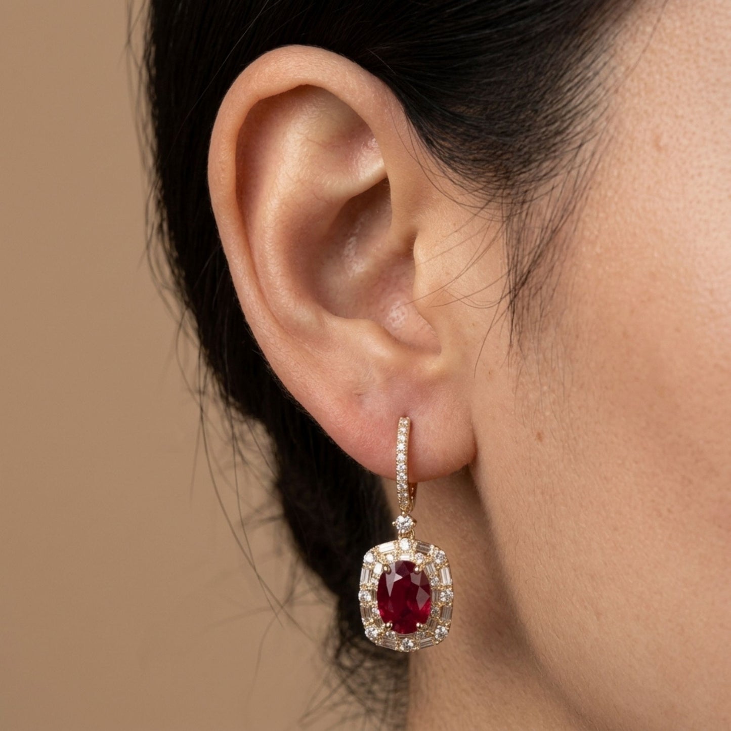 18K 2.57cttw Oval Burma Ruby 0.77cttw White Diamonds Drop Earrings