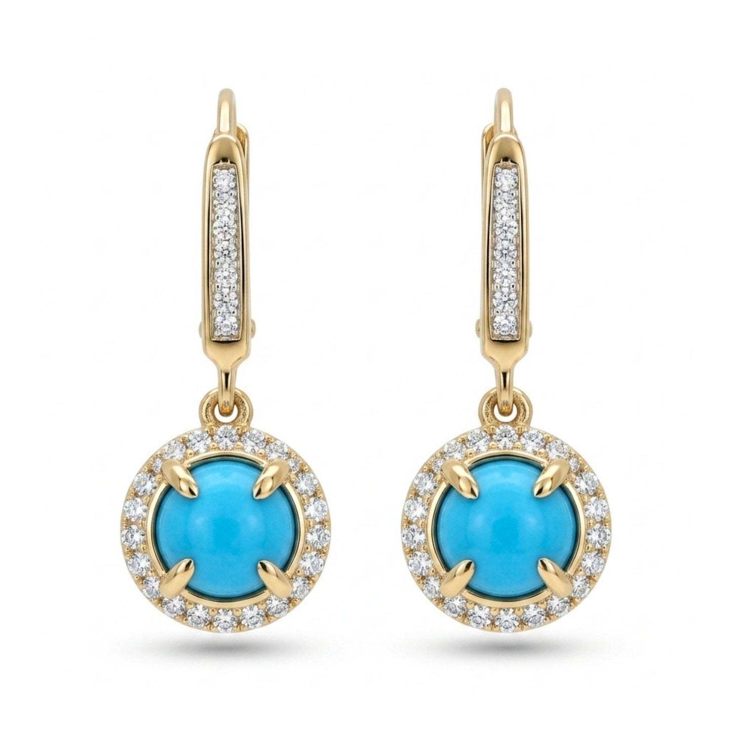 14K 1.00cttw Round Sleeping Beauty Turquoise 0.22cttw White Diamonds Drop Earrings