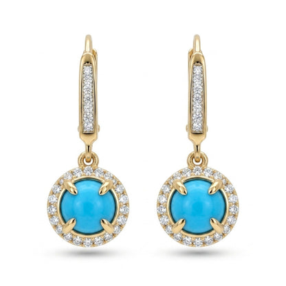 14K 1.00cttw Round Sleeping Beauty Turquoise 0.22cttw White Diamonds Drop Earrings