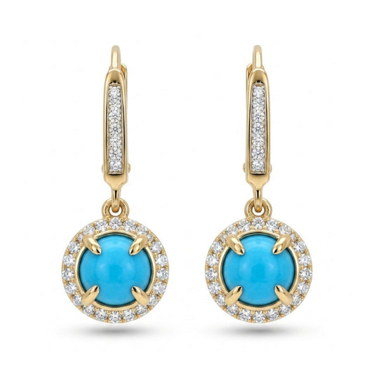14K 1.00cttw Round Sleeping Beauty Turquoise 0.22cttw White Diamonds Drop Earrings