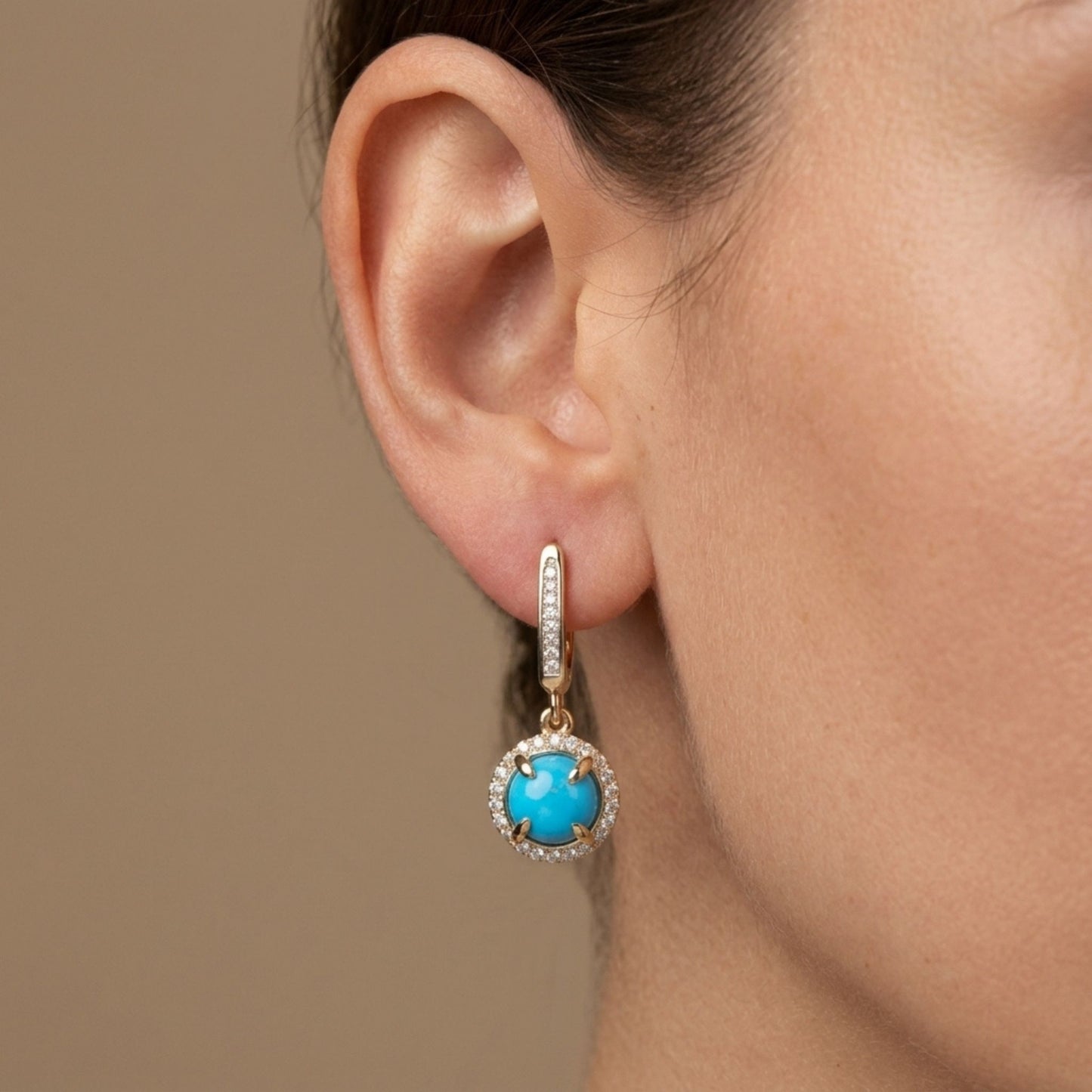 14K 1.00cttw Round Sleeping Beauty Turquoise 0.22cttw White Diamonds Drop Earrings