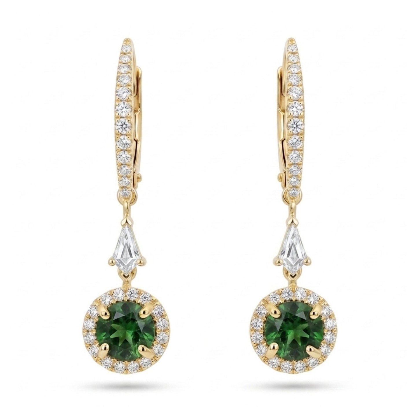 18K 1.03cttw Round Russian Demantoid 0.50cttw VS White Diamonds Drop Earrings