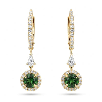 18K 1.03cttw Round Russian Demantoid 0.50cttw VS White Diamonds Drop Earrings