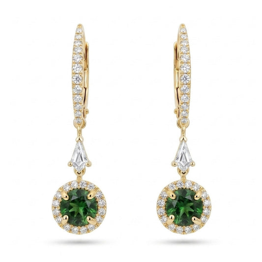18K 1.03cttw Round Russian Demantoid 0.50cttw VS White Diamonds Drop Earrings
