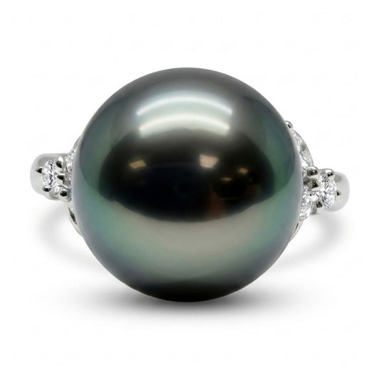 Platinum 12.4mm Tahitian Black Pearl 0.25cttw White Diamonds Ring