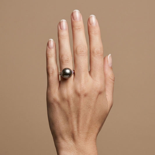 Platinum 12.5mm Tahitian Black Pearl 0.10cttw White Diamonds Ring