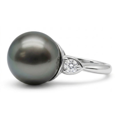 Platinum 12.7mm Tahitian Black Pearl 0.28cttw White Diamonds Ring