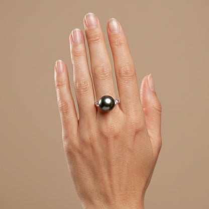 Platinum 12.7mm Tahitian Black Pearl 0.28cttw White Diamonds Ring