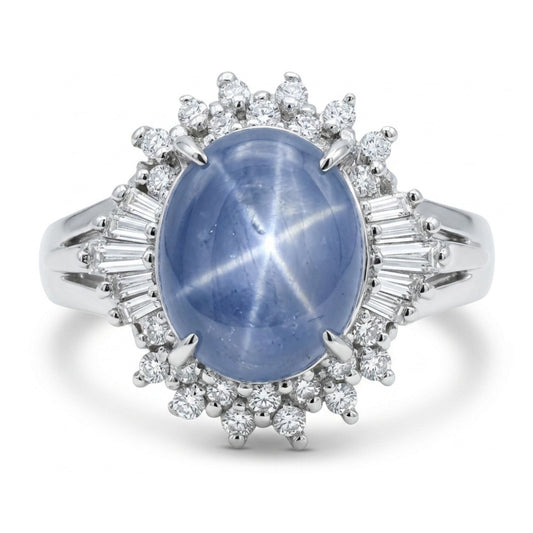 Platinum 2.31ct Oval Star Sapphire 0.24cttw White Diamonds Ring