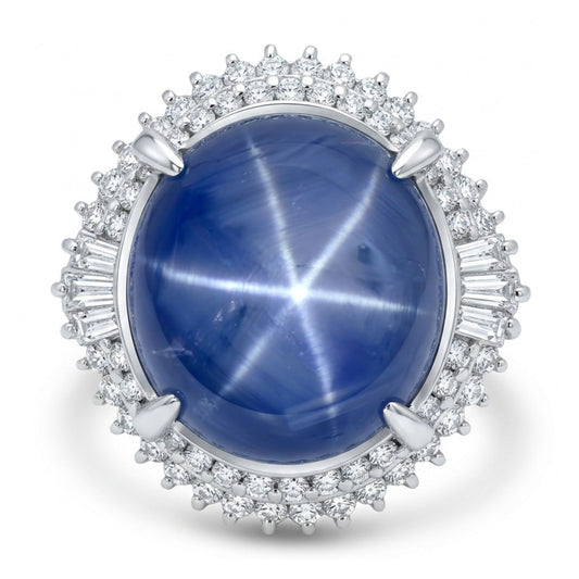 Platinum 24.12ct Oval Star Sapphire 0.87cttw White Diamonds Ring