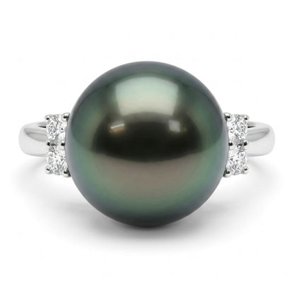 Platinum 11.1mm Tahitian Black Pearl 0.16cttw White Diamonds Ring