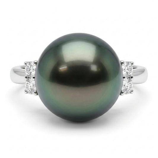 Platinum 11.1mm Tahitian Black Pearl 0.16cttw White Diamonds Ring