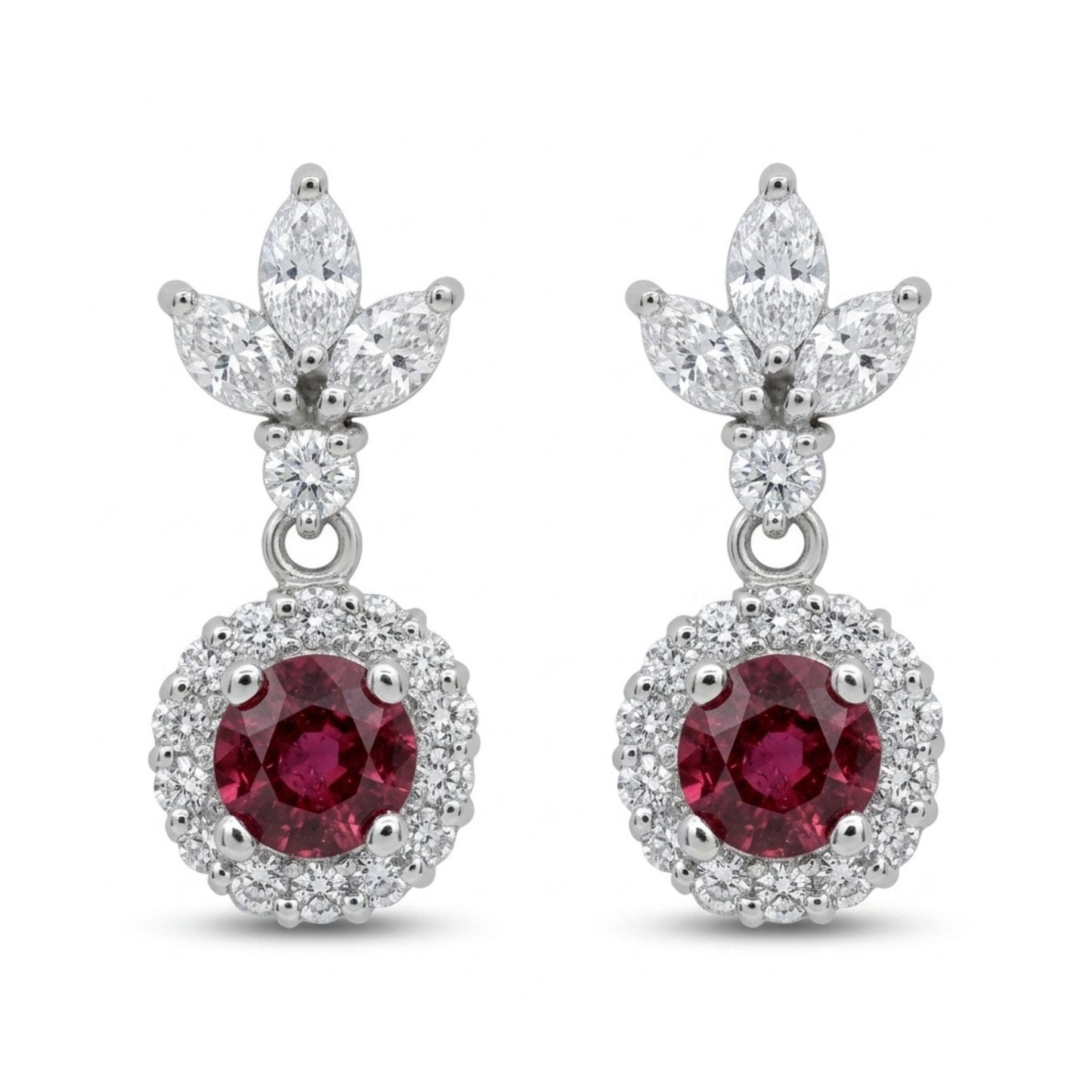 Platinum 0.82cttw Round Ruby 0.32cttw White Diamonds Drop Earrings