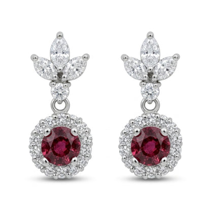 Platinum 0.82cttw Round Ruby 0.32cttw White Diamonds Drop Earrings