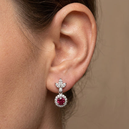 Platinum 0.82cttw Round Ruby 0.32cttw White Diamonds Drop Earrings