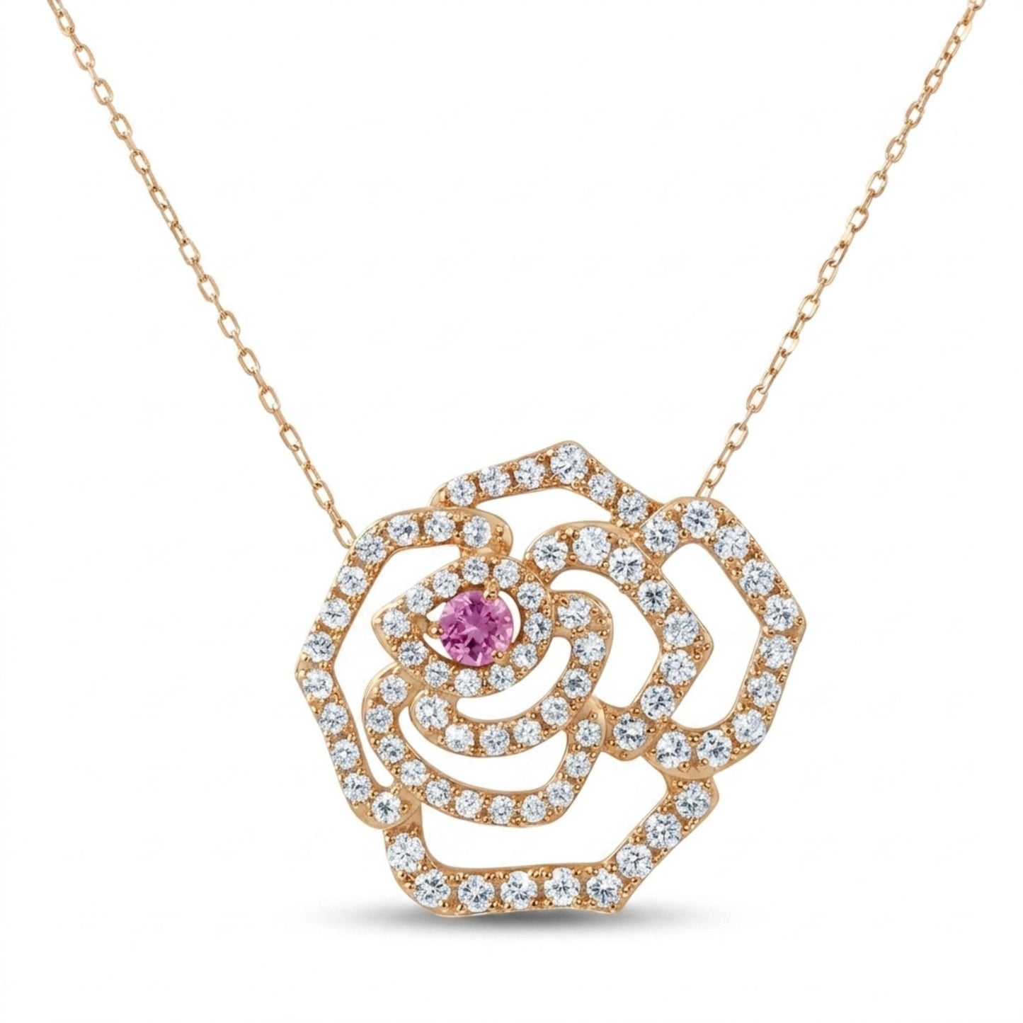 18K 0.10ct Round Pink Sapphire 0.75cttw White Diamonds Necklace