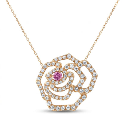18K 0.10ct Round Pink Sapphire 0.75cttw White Diamonds Necklace