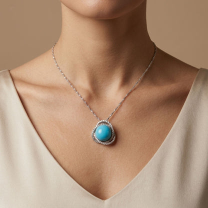 18K 14mm Sleeping Beauty Turquoise 0.96cttw White Diamonds Necklace