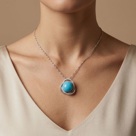 18K 14mm Sleeping Beauty Turquoise 0.96cttw White Diamonds Necklace