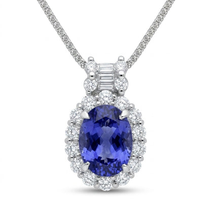 Platinum 2.96ct Oval Blue Wing Tanzanite 1.10cttw White Diamonds Necklace