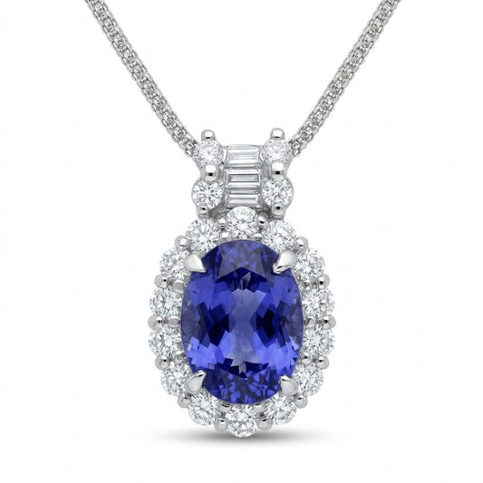 Platinum 2.96ct Oval Blue Wing Tanzanite 1.10cttw White Diamonds Necklace