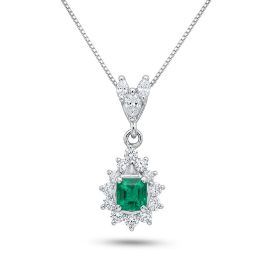 Platinum 0.31ct Emerald Cut Colombian Emerald 0.46cttw White Diamonds Necklace