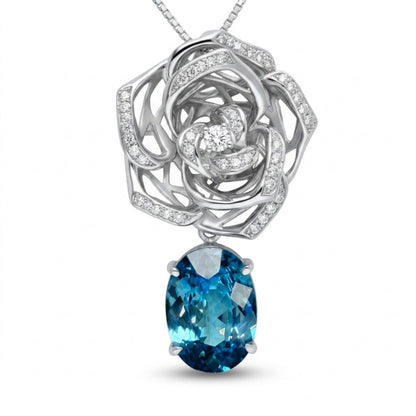 Platinum 5.78ct Oval Blue Zircon 0.29cttw White Diamonds Necklace