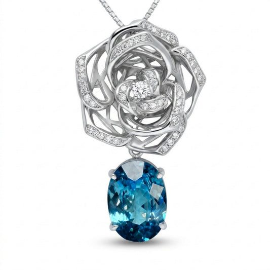 Platinum 5.78ct Oval Blue Zircon 0.29cttw White Diamonds Necklace