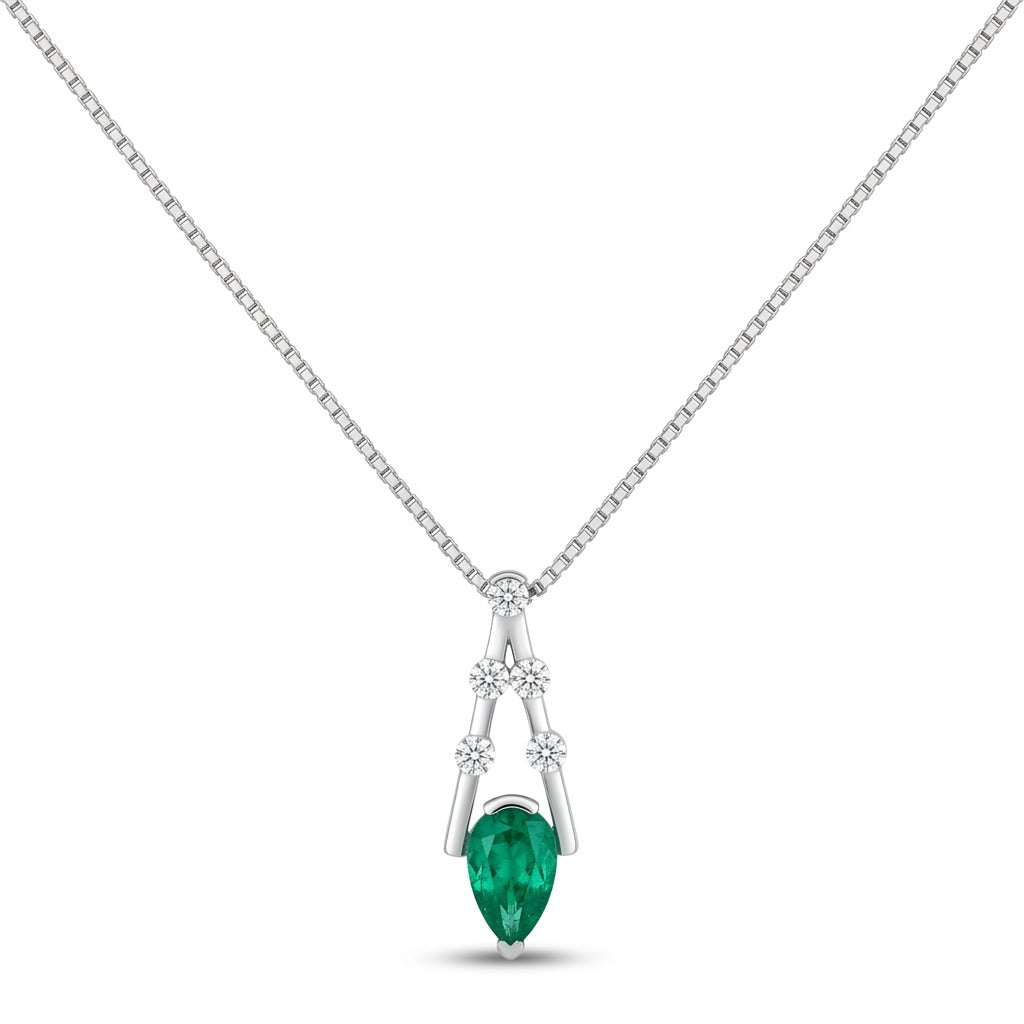 Platinum 1.15ct Pear Shape Colombian Emerald 0.37cttw White Diamonds Necklace