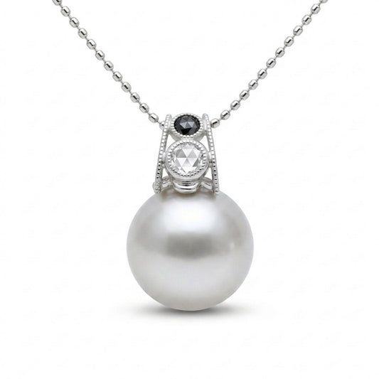 18K 13mm Freshwater White Pearl 0.19ct Round Black Diamond 0.11ct White Diamonds Necklace