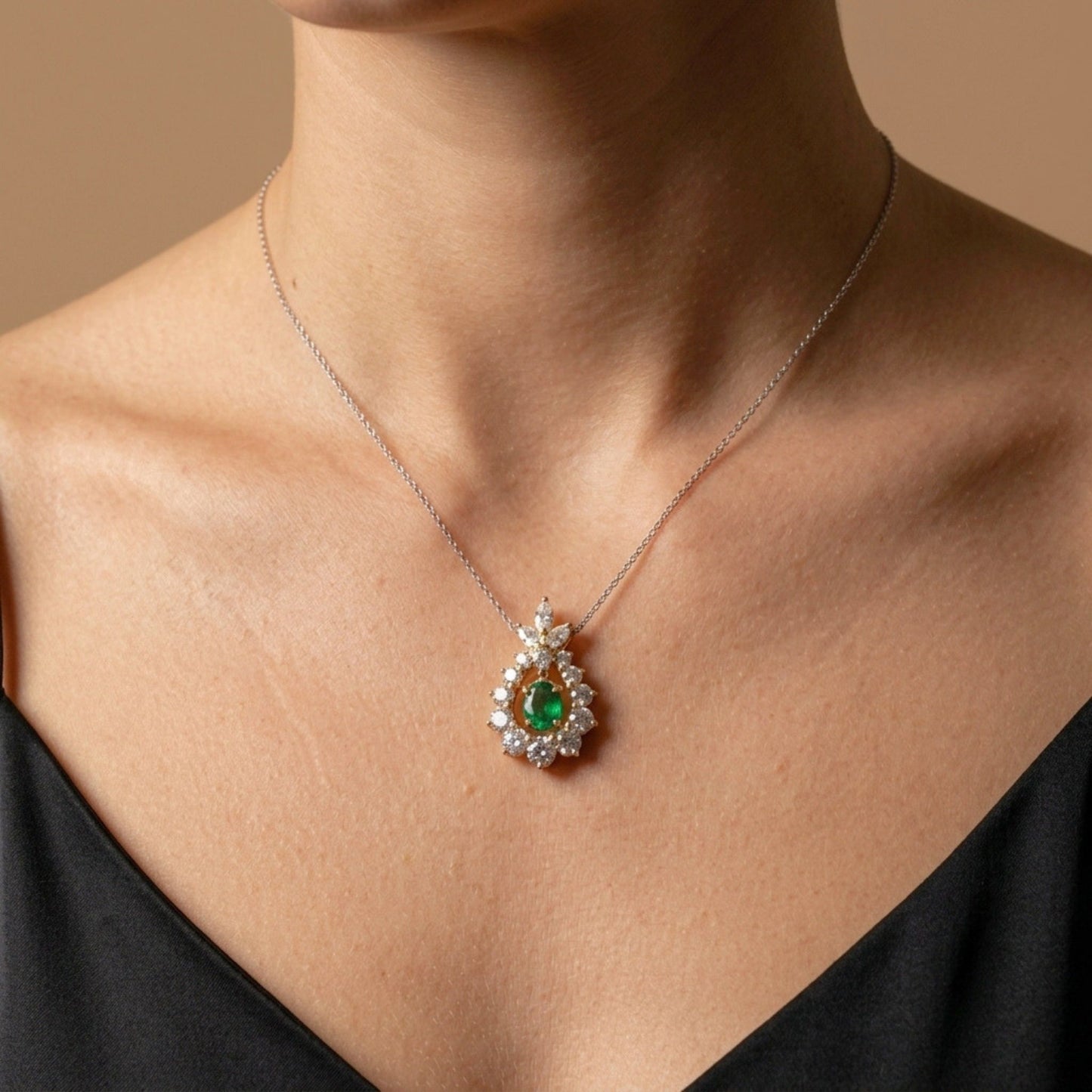 18K 0.48ct Oval Colombian Emerald 1.29cttw White Diamonds Pendant