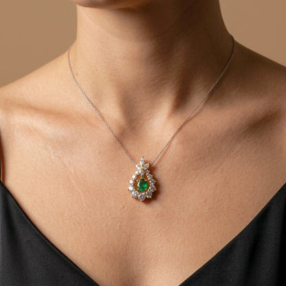 18K 0.48ct Oval Colombian Emerald 1.29cttw White Diamonds Pendant