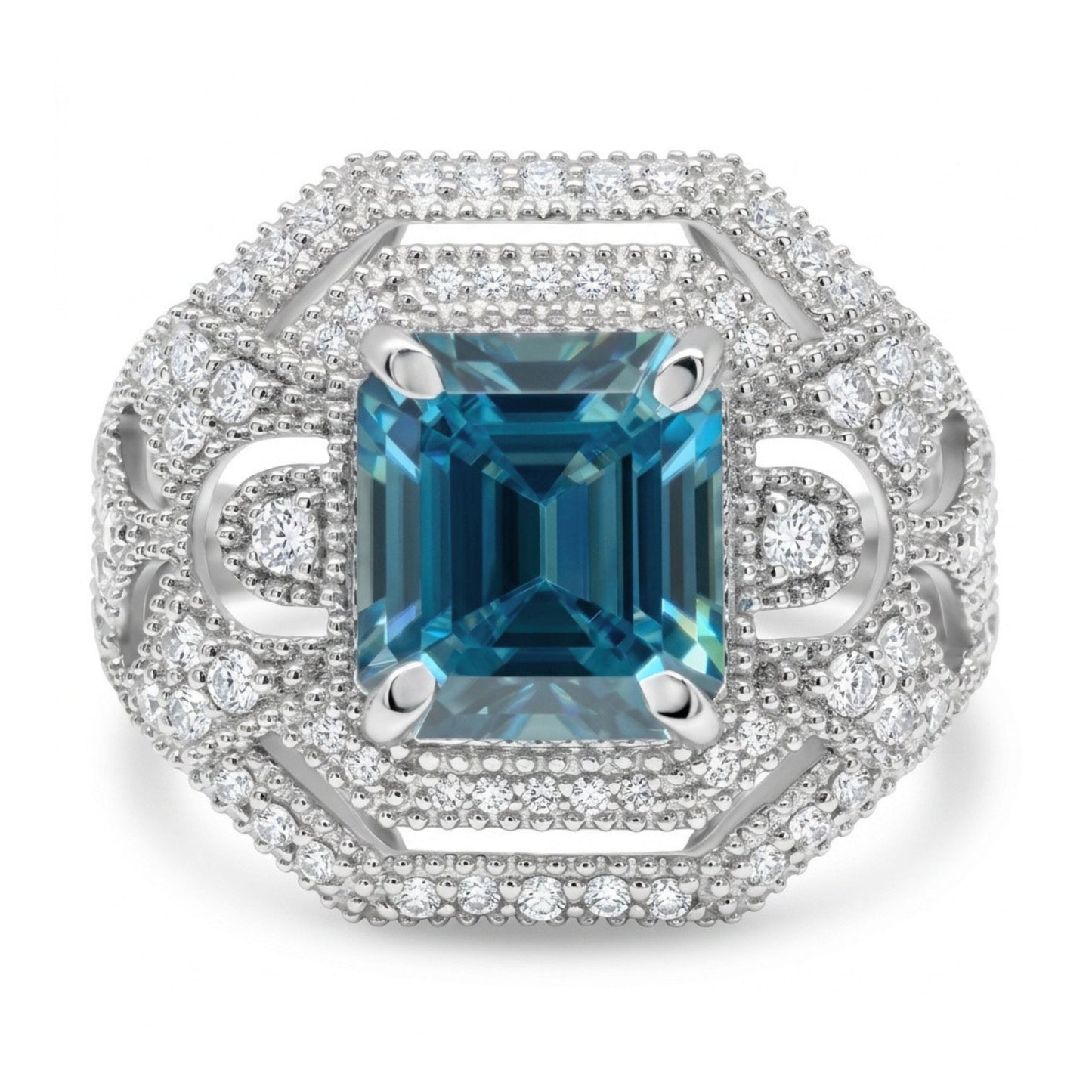 14K 2.61ct Emerald Cut Blue Zircon 0.43cttwVS White Diamonds Ring