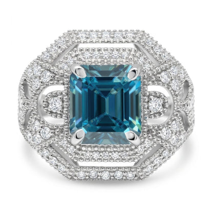14K 2.61ct Emerald Cut Blue Zircon 0.43cttwVS White Diamonds Ring
