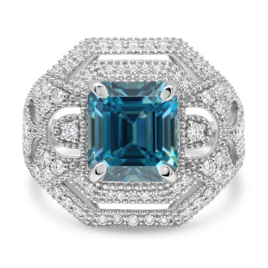 14K 2.61ct Emerald Cut Blue Zircon 0.43cttwVS White Diamonds Ring