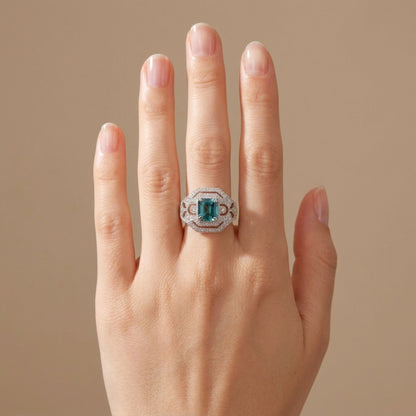 14K 2.61ct Emerald Cut Blue Zircon 0.43cttwVS White Diamonds Ring