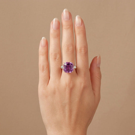 14K 18.78ct Asscher Cut Kunzite 0.65cttw VS White Diamonds Ring