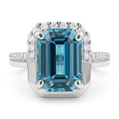 14K 2.97ct Emerald Cut Blue Zircon 0.22cttw VS White Diamonds Ring