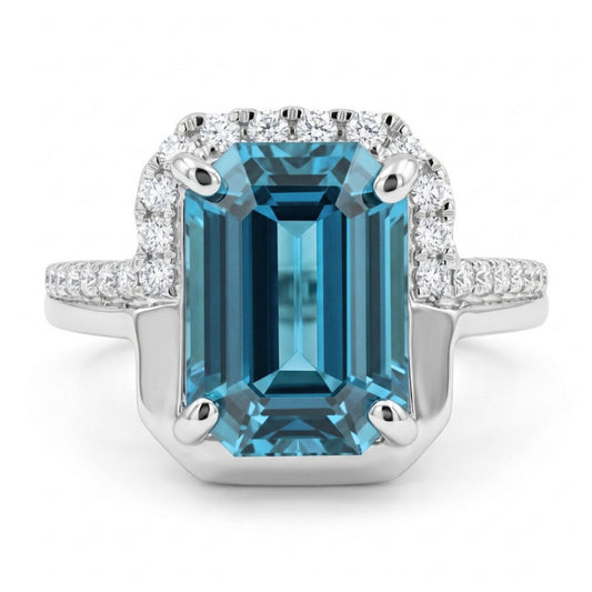 14K 2.97ct Emerald Cut Blue Zircon 0.22cttw VS White Diamonds Ring