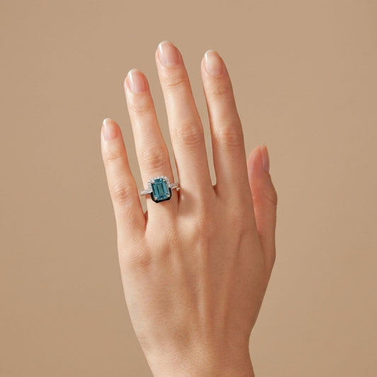 14K 2.97ct Emerald Cut Blue Zircon 0.22cttw VS White Diamonds Ring