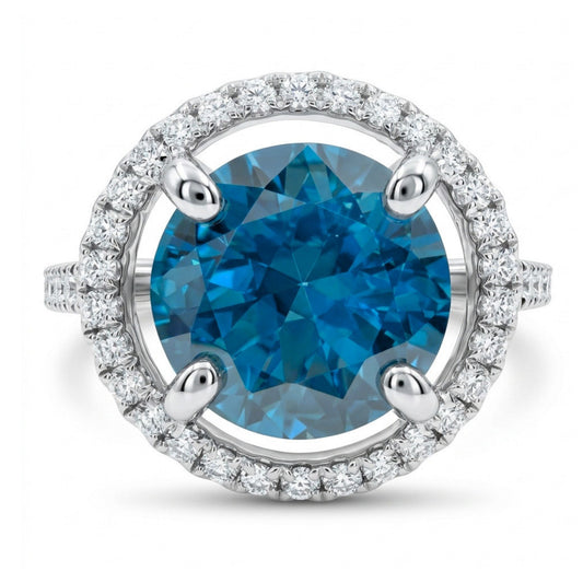14K 3.02ct Round Blue Zircon 0.43cttw VS White Diamonds Ring