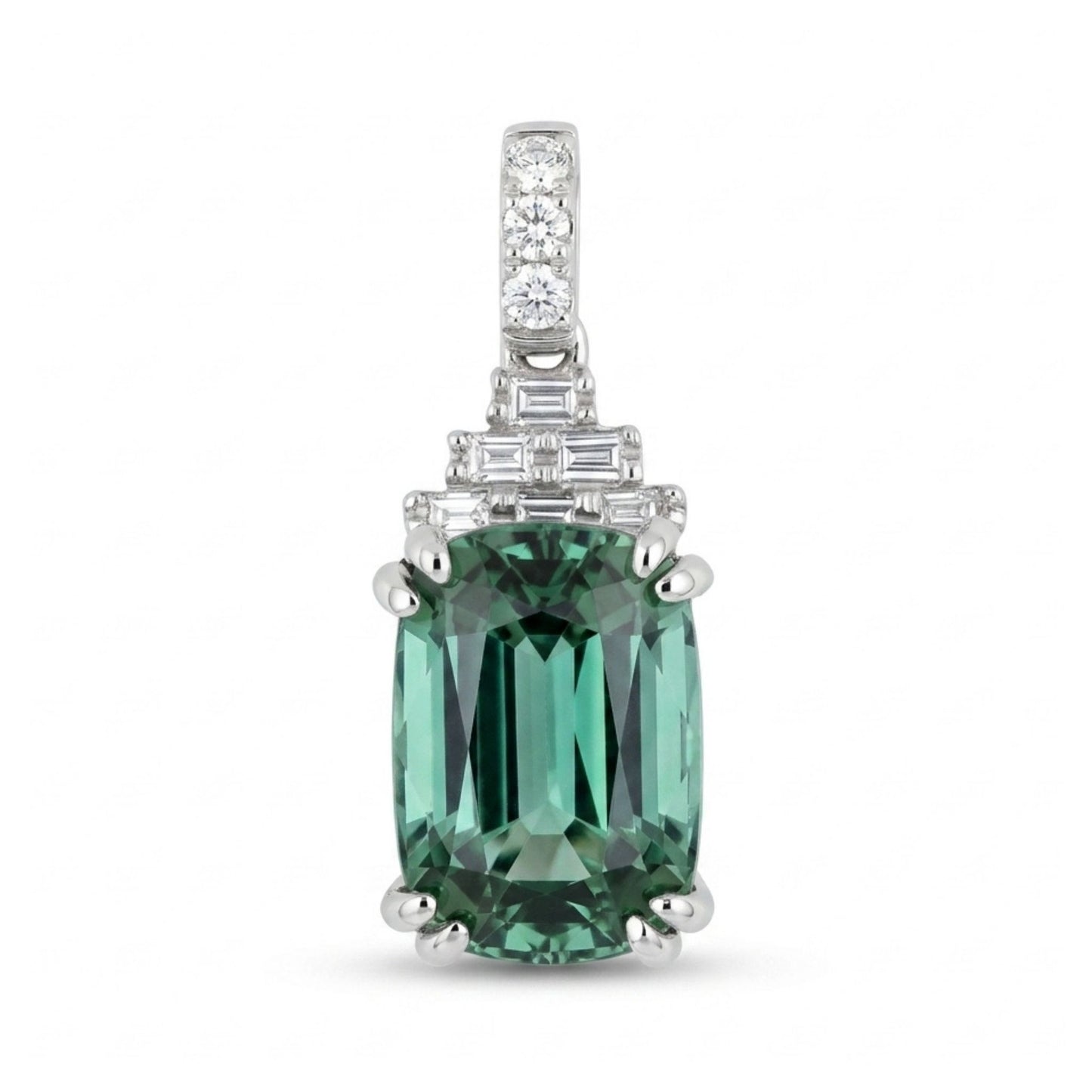 18K 2.63ct Cushion Lagoon Tourmaline 0.14cttw White Diamonds Pendant