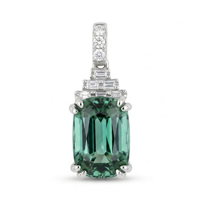 18K 2.63ct Cushion Lagoon Tourmaline 0.14cttw White Diamonds Pendant