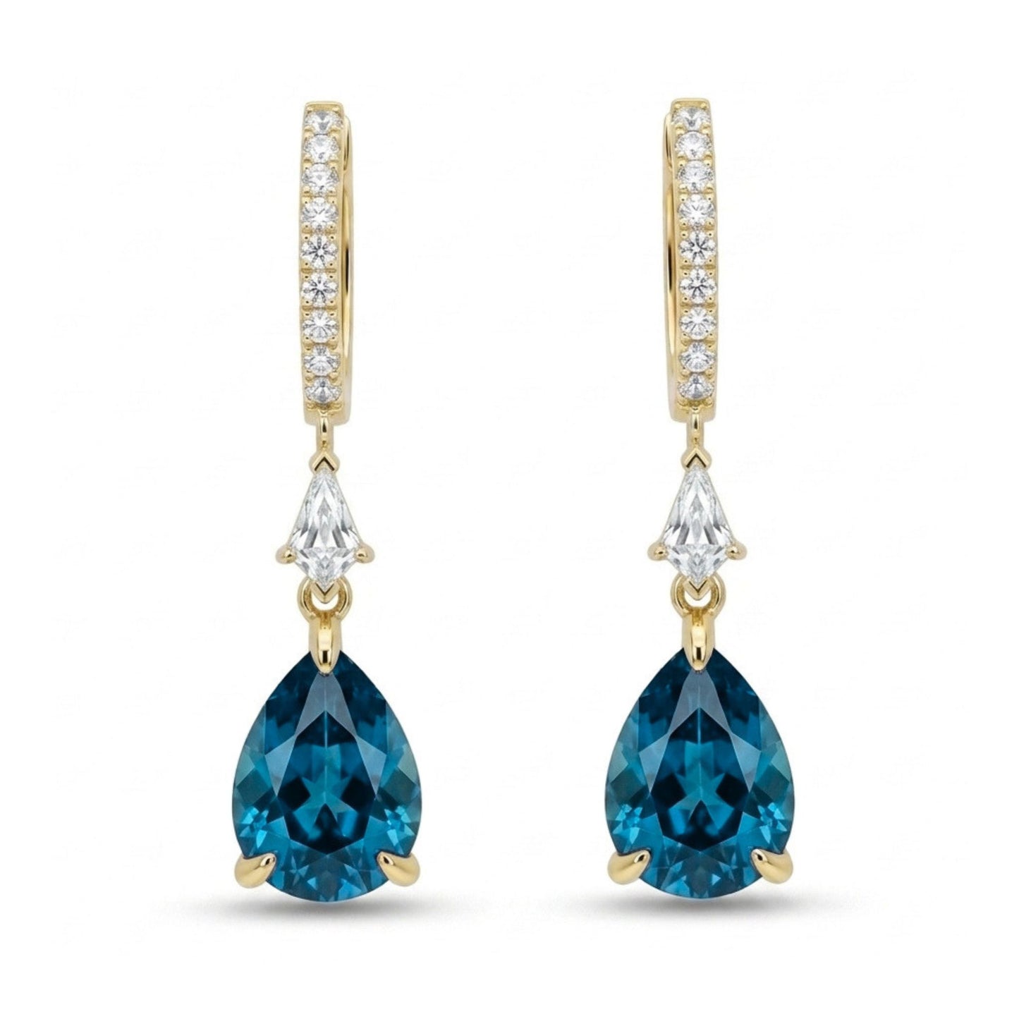 18K 4.87cttw Pear Shape Blue Zircon 0.38cttw VS White Diamonds Drop Earrings