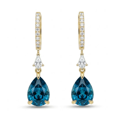 18K 4.87cttw Pear Shape Blue Zircon 0.38cttw VS White Diamonds Drop Earrings